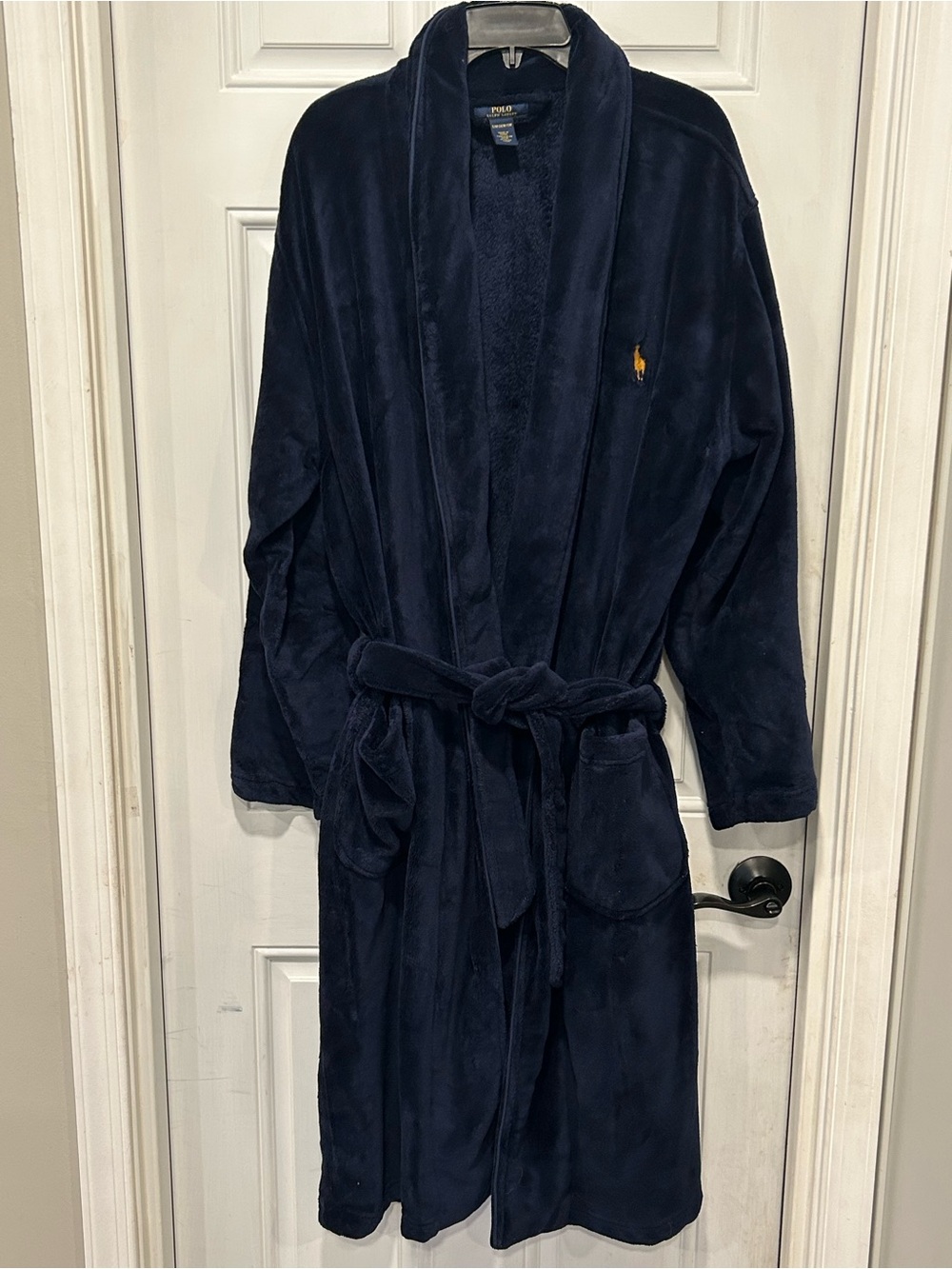 Polo Ralph Lauren Mens Plush Microfiber Shawl Collar Robe Navy Gold Pony S/M